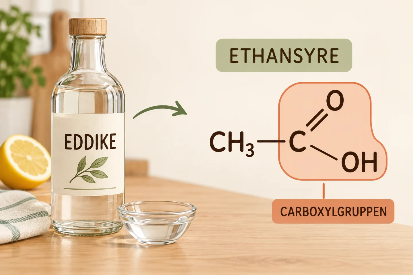 En flaske eddike forbindes med strukturformlen for ethansyre, CH3-C(=O)-OH, hvor carboxylgruppen C(=O)-OH er markeret.