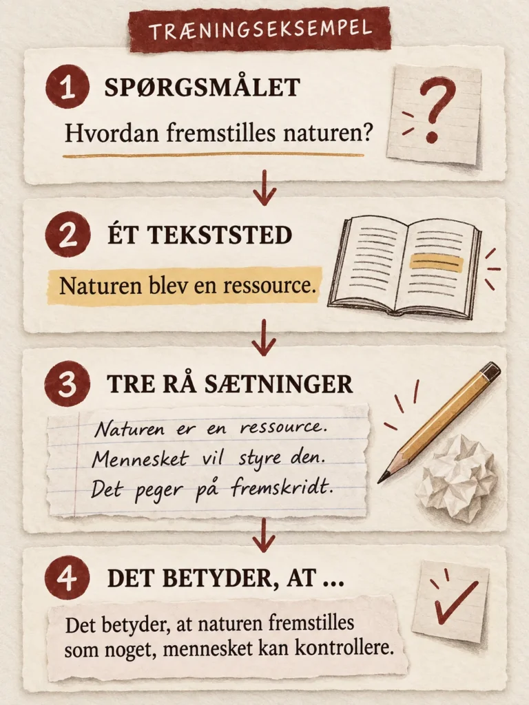 Fire trin ud af skriveblokaden: skriv spørgsmålet, find ét tekststed, skriv tre rå sætninger, og slut med "Det betyder, at ...".