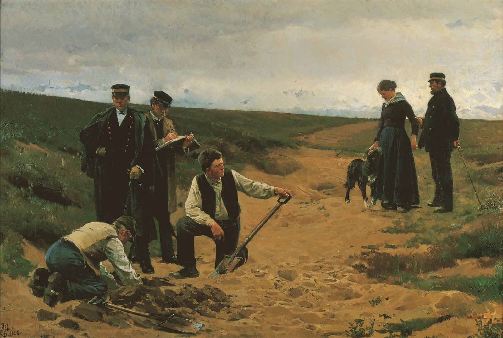 Erik Henningsens maleri Barnemordet fra 1886: To arbejdere knæler ved et hul i en sandvej på en hede, mens to mænd med kasket står over dem, og den ene skriver i en bog. Længere oppe ad vejen står en ung kvinde i mørk kjole med bøjet hoved og hånden på en sort hund, og en mand i uniform holder hende ved armen. Himlen er grå.